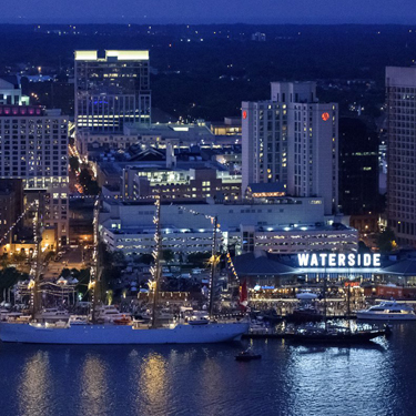 Waterside District aerial view at night.