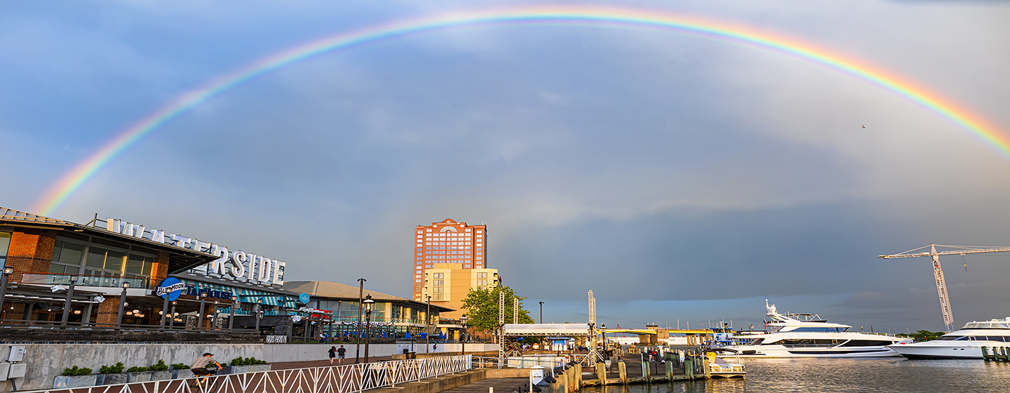 Waterside District waterfront and rainbow